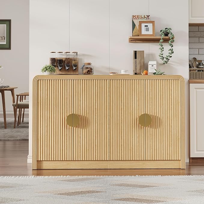 55" Buffet Sideboard Cabinet, Mid Century Modern Console Cabinet with Wavy Grain Doors & Adjustable Shelves for Kitchen Cabinets, Living Room, Entryway, Coffee Bar Cabinet (Natural Oak)