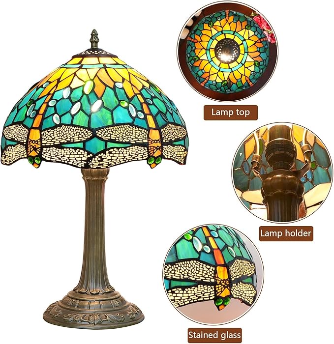 Tiffany Lamp Green Dragonfly Style Stained Glass Lamps Teal Bedroom Bedside Table Lamp for Dorm Office Art Craft Antique Decor Accent Aesthetic Nightstand Retro Metal Reading Lamps 12 inch