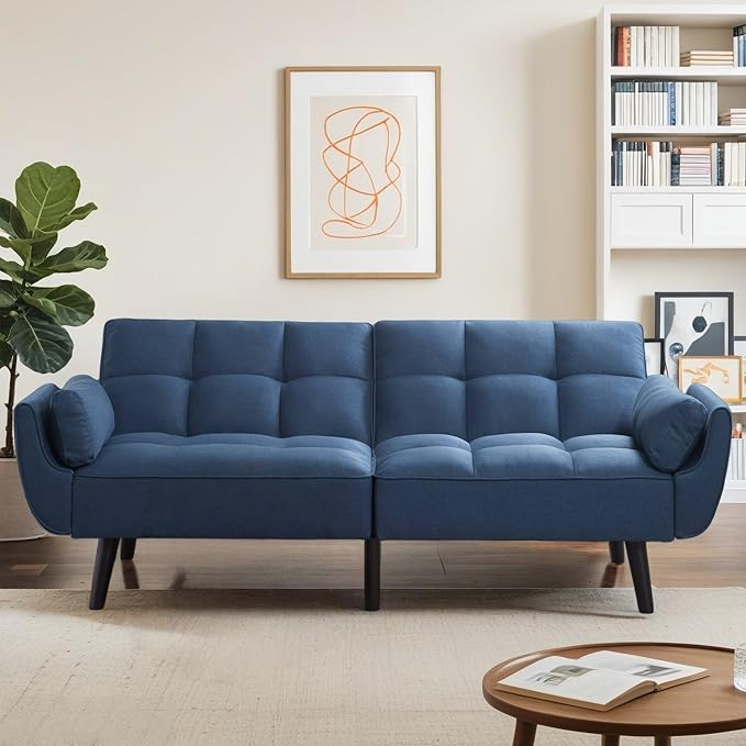 Convertible Futon Sofa Bed, Modern Futon Couch with 2 Pillows, Small Futons Couch with Adjustable Armrest & Backrest, Loveseat Sofa Bed for Living Room, Bedroom, Blue