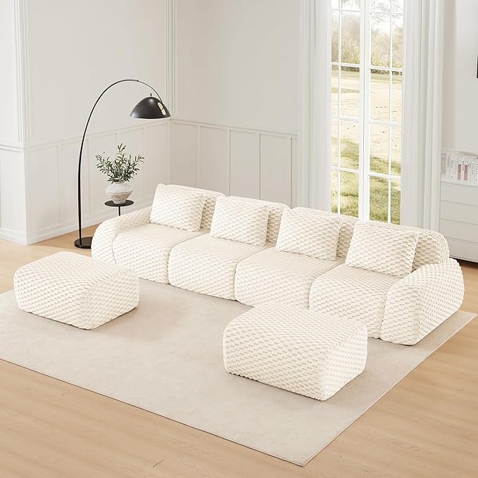 KEIKI 146" Oversized 4-Seater Boneless Couches for Living Room, Ultra Soft Modular Sectional Velvet Sofa U-Shaped, Deep Seat Cloud Comfort No Assembly Lounge Couch, Modern Comfort Design, Cream