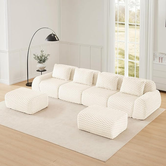 KEIKI 146" Oversized 4-Seater Boneless Couches for Living Room, Ultra Soft Modular Sectional Velvet Sofa U-Shaped, Deep Seat Cloud Comfort No Assembly Lounge Couch, Modern Comfort Design, Cream