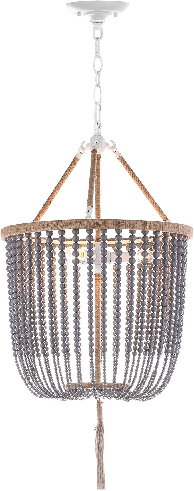 SAFAVIEH Lighting Collection – Angie Boho Farmhouse Grey 3-Light Beaded Adjustable Pendant Chandelier with Tassel, LED Bulbs Included (LIT4476C)