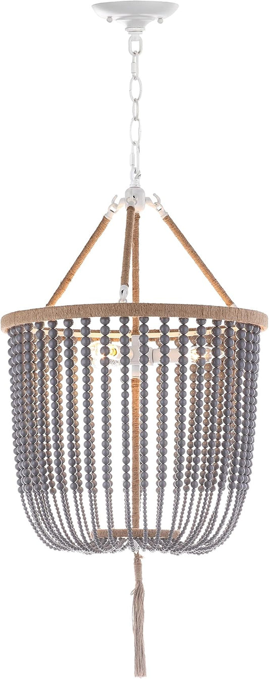 SAFAVIEH Lighting Collection – Angie Boho Farmhouse Grey 3-Light Beaded Adjustable Pendant Chandelier with Tassel, LED Bulbs Included (LIT4476C)