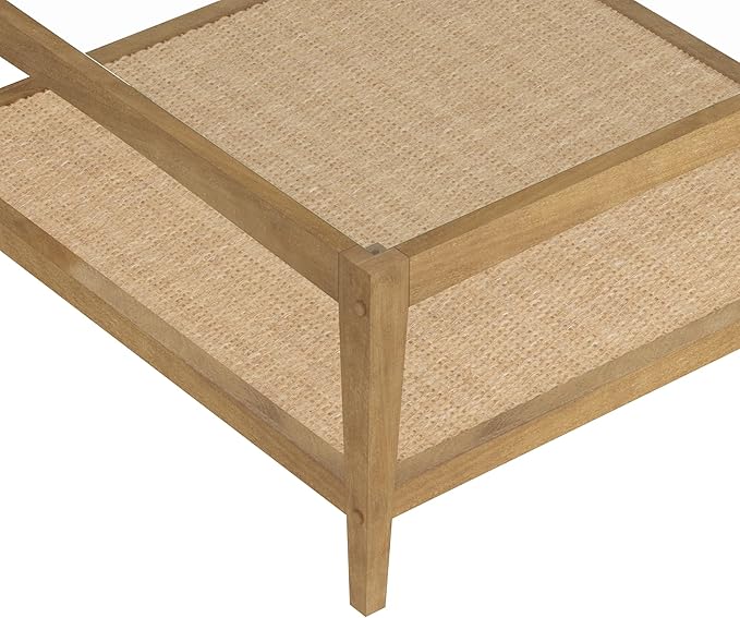 Nathan James Hayes Glass Top Coffee Table, Solid Wood Coffee Table with Glass Top and Rattan Bottom Shelf, Light Brown
