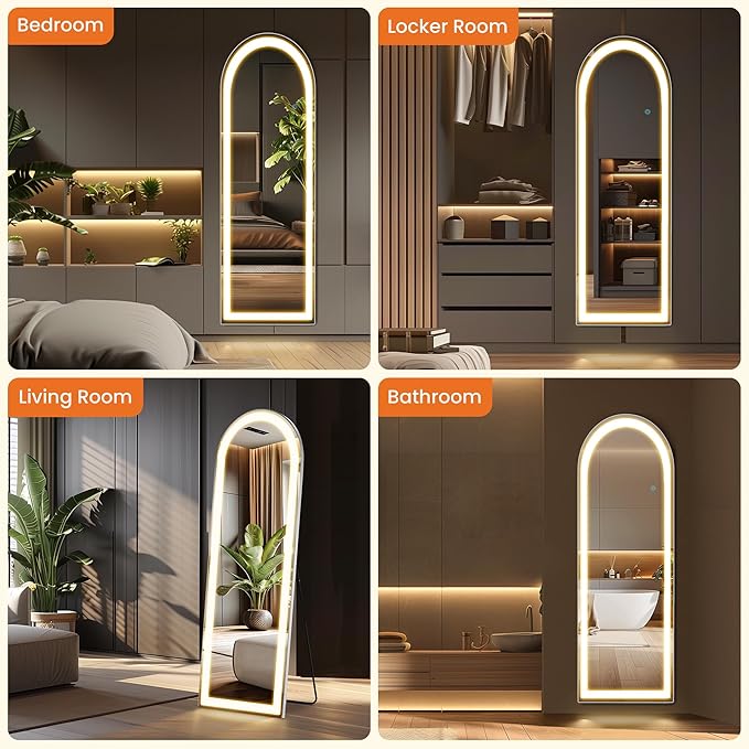 Full Length Mirror with LED Lights, 63" x 21" Arched Floor Mirror with Dimming & 3 Color Lighting, LED Body Mirrors for Home Decor, Tall Arch Aluminum Frame Mirrors for Bedroom Cloakroom