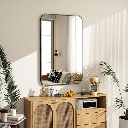 20x28 Inch Bathroom Mirror - Wall Mounted Vanity Mirror with Round Corner Aluminum Alloy Frame, Hanging Horizontally Vertically for Living Room, Bedroom, Hallway as Home Decor,Black