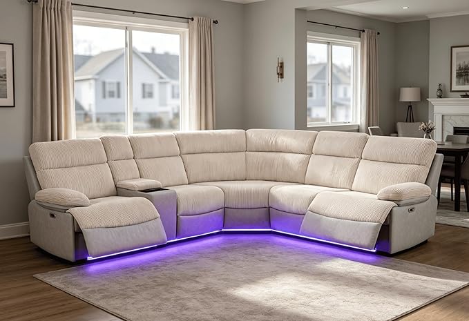 Power Reclining Sectional Sofa, 5 Seat Sectional Couch with Recliners, Soft Corduroy & Breathing Leather Sectional with 2 Recliners,USB Charging Ports,LED Light Strip, Living Room Furniture Set | Breathable material, LED Lighting