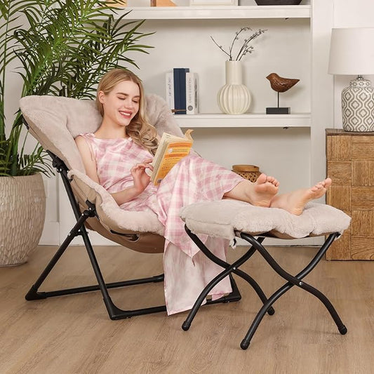 Comfy Saucer Chair for Adults, Soft Faux Fur Bedroom Chair with Ottoman, Accent Dorm Chairs, Living Room Reading Chairs and Footstool, Folding Seat for Teens, X-Large, Light Khaki