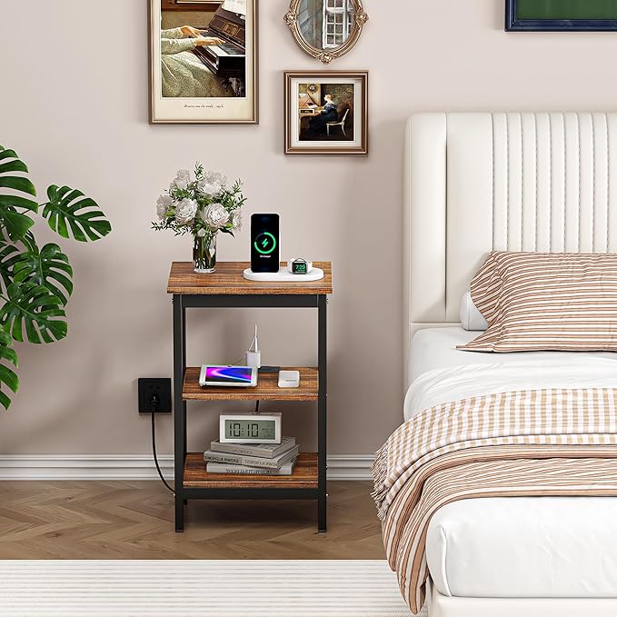 VECELO End Table with Charging Station and USB Ports, Small Wood Nightstand Modern, 24" Tall Living Room Side Table with 3-Tier Storage Shelves for Small Spaces, Office, Bedroom, Retro Brown, Set of 2