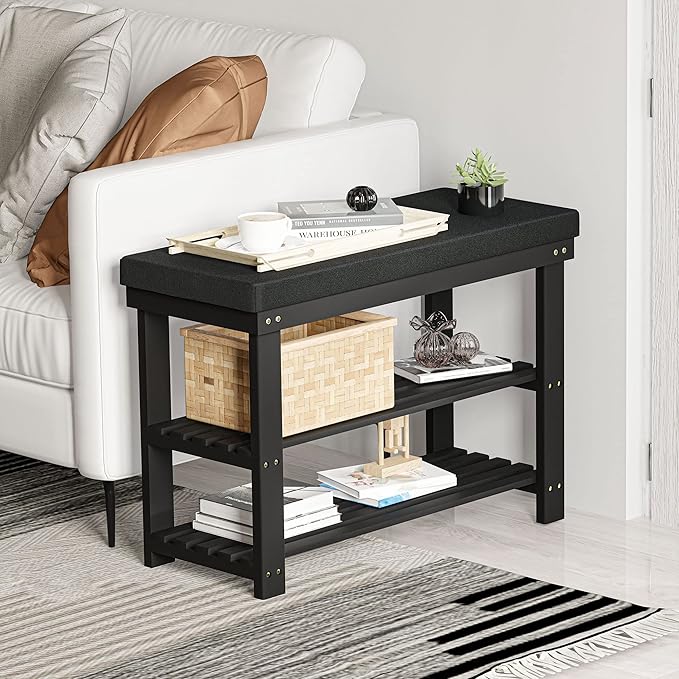 Domax Shoe Rack Bench,Bamboo Shoe Bench with Cushion, 3-Tier Shoe Storage Organizer for Entryway Entrance Hallway Bedroom Living Room,Holds Up to 330 lbs,11.8 x 28 x 17.7 Inches,Black