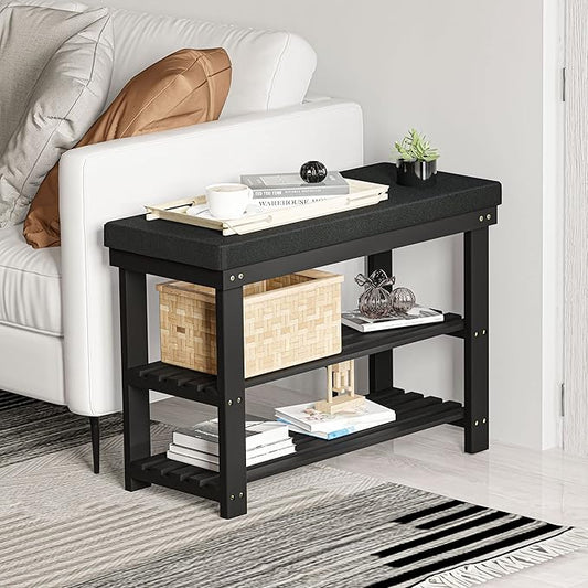Domax Shoe Rack Bench,Bamboo Shoe Bench with Cushion, 3-Tier Shoe Storage Organizer for Entryway Entrance Hallway Bedroom Living Room,Holds Up to 330 lbs,11.8 x 28 x 17.7 Inches,Black