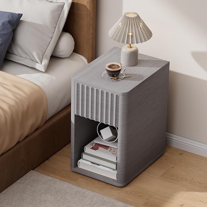 VICITON Fluted Narrow Night Stand,Thin Nightstand with Leather Surface, Small End Table with Storage, Living Room/Bed Side Table for Small Spaces (Light Gray, Normal)