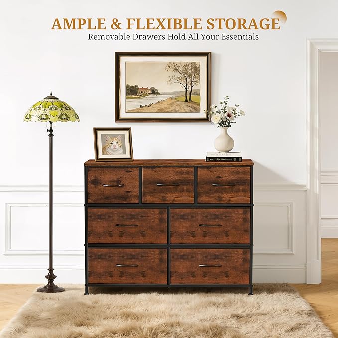 Dresser with 7 Drawers for Bedroom, Fabric Clothes Cabinet for Closet, Anti-Tip Storage Dresser with Metal Frame for Living Room, Entryway, Dorm, Brown