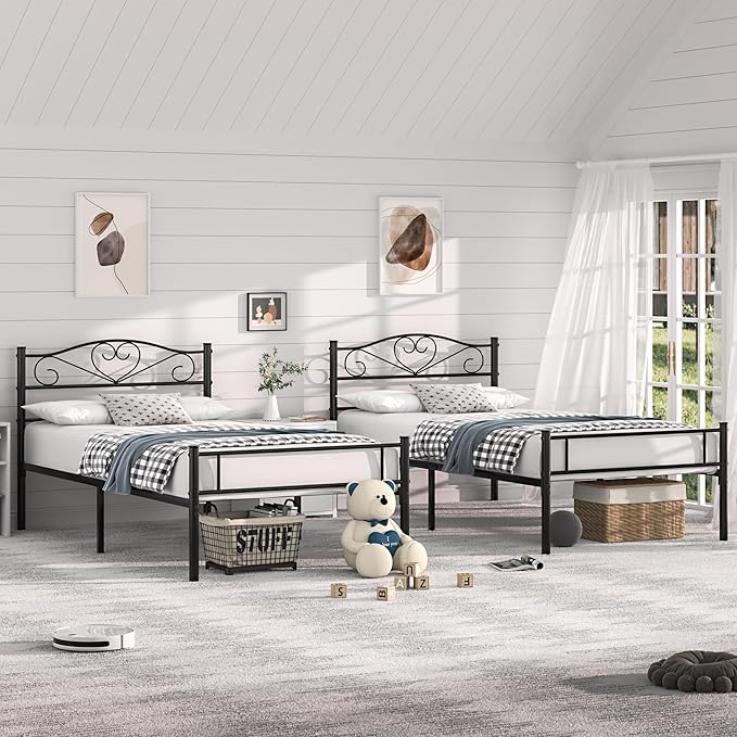 VECELO Twin Size Bed Frames with Headboard and Footboard, Metal Mattress Foundation, No Box Spring Needed, Heavy Duty/Easy Set Up, 2 PCS, Classic Black