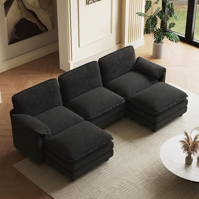 114" U Shaped Cloud Couch Sectionals Comfy Black Sectional Couches for Living Room Modern Oversized Modular Sofas with Ottoman, Fluffy Chenille Large Big 5 Seat Sofa Set