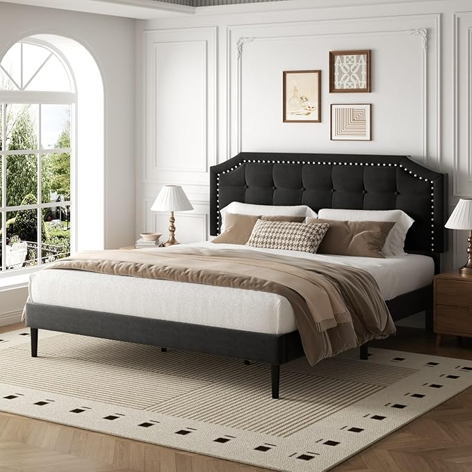 King Size Bed Frame, King Size Platform Bed Frame with Upholstered Button Tufted Headboard, Strong Wood Slats, No Box Spring Needed, Mattress Foundation, Easy Assembly Black