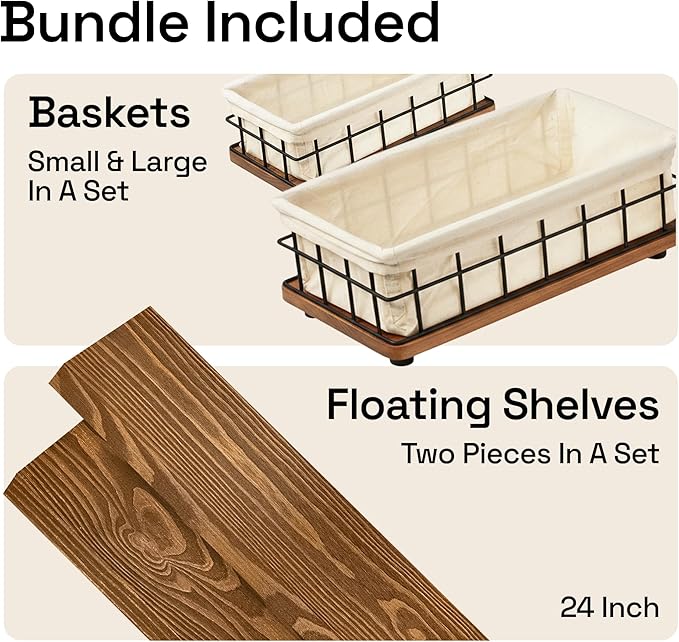 BAOBAB WORKSHOP Bundle - 2 Items: Wood and Wire Baskets with Floating Shelves for Bathroom Decor, Toilet Paper Storage, Living Room Bedroom and Kitchen