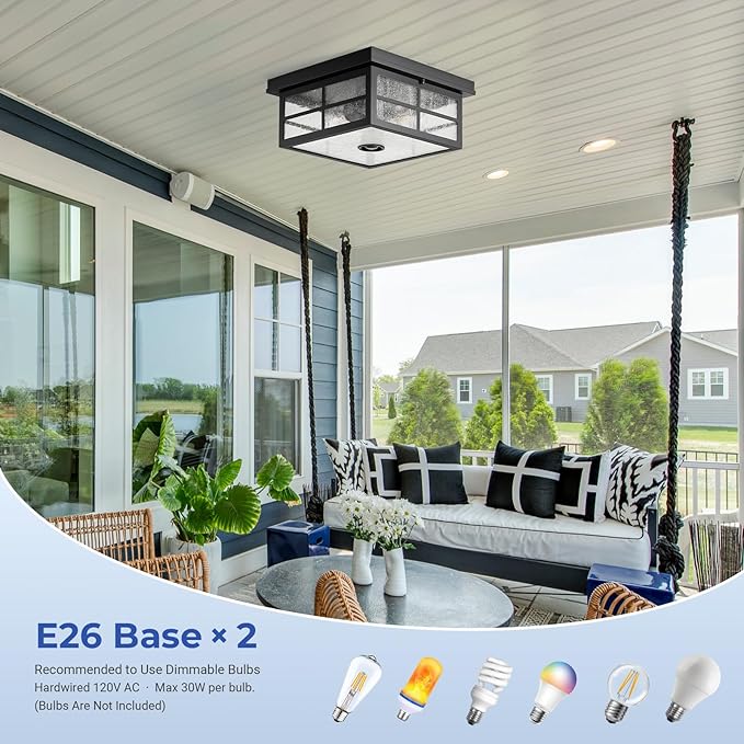 VIANIS Motion Sensor Outdoor Ceiling Light with Remote Control, 2-Light Black Modern Outdoor Flush Mount Light for Garage, Porch, Entryway, Square, Upgraded 5 Lighting Modes Adjustable Distance Time