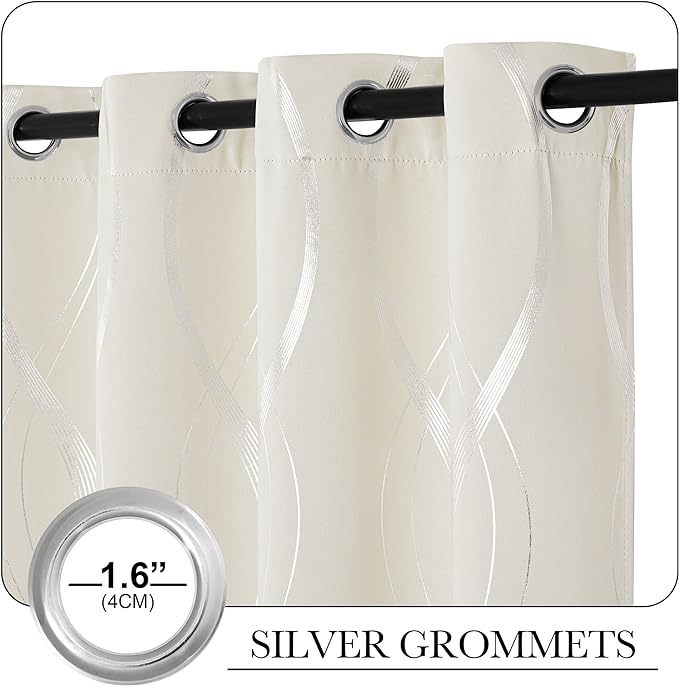 NICETOWN Blackout Curtains for Bedroom, Foil Printed Wave Lines Energy Saving Thermal Insulated Solid Grommet Blackout Draperies for Patio Hall Studio (1 Pair, 52 inches by 95 inches, Beige)