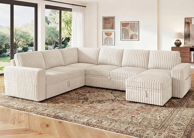 HONBAY Modular Sectional Sleeper Sofa with Pull Out Bed,Corduroy U Shaped Couch with Storage, Sectional Couches for Living Room,Beige