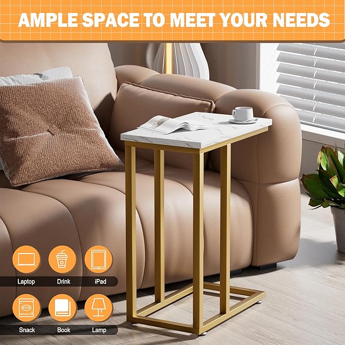 VECELO Universal C-Shaped Side Table, Multi-Functional Snack & TV Tray for Living Room, Bedroom, Gold (1 Set)