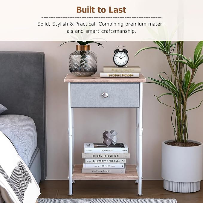 VECELO Night Stand, Small End Table for Small Spaces, Wood Side Table for Living Room, Bedside Table with Drawer for Bedroom, Easy Assembly, Light Brown