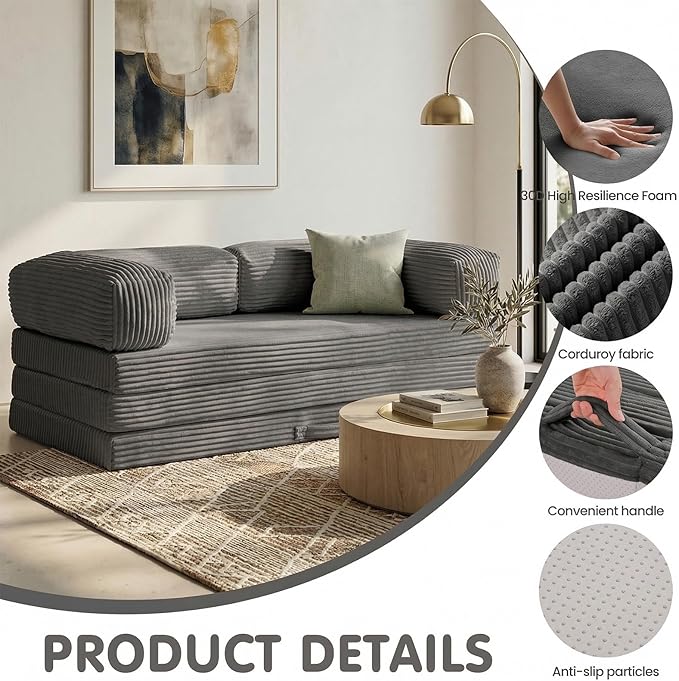 JUIKURY Folding Sofa Bed, Convertible Sleeper Chair with Pilow Foldable Matress, 2 in 1 Pull Out Loveseat Sofa Portable Fold Out Chair Bed Floor Couch Lounge for Living Room (Grey, Queen-82"L x 60"W)
