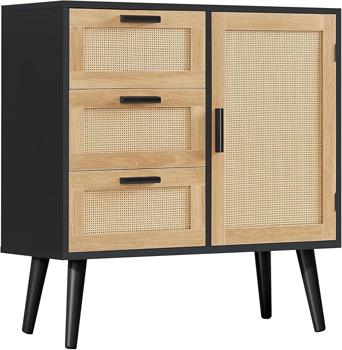 TEENFON Storage Cabinet with Adjustable Shelf & 3 Drawers, Rattan Cabinet with Doors, Freestanding Floor Accent Storage Unit for Living Room, Home Office, Natural + Black