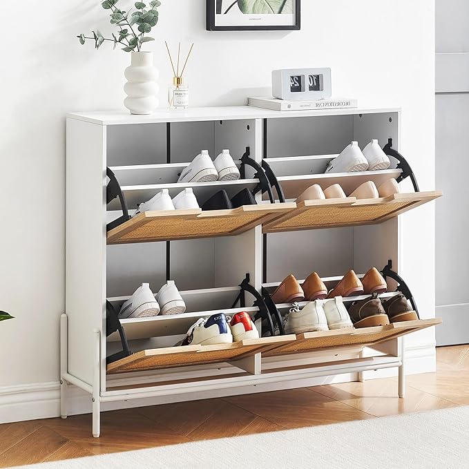 4 Flip Drawers Shoe Storage Cabinet, Rattan Shoe Organizer with Metal Legs, Freestanding Narrow Shoe Rack Cabinet for Entryway, White