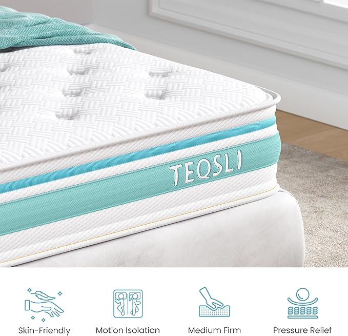 TeQsli Twin Size Mattress, 10 Inch Hybrid Mattress in a Box, Individual Pocket Spring Hybrid Mattresses for Cool Night & Pressure Relief, Medium Firm with Motion Isolating, 100 Nights Trial