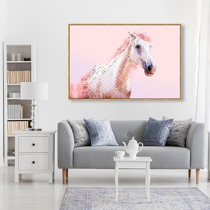 Country Farmhouse Canvas Print Painting Animal Wall Art 'Pink Glam Horse' Gold Framed Canvas Rustic Home Décor 54x36 in Pink, White by Oliver Gal