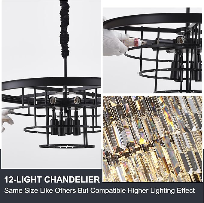 23.23" Black Crystal Chandelier 12-Light Modern Crystal Pendant Ceiling Light Fixture 5-Tier Luxury K9 Crystal Chandeliers,for Dining Room Kitchen Island Living Room Bedroom
