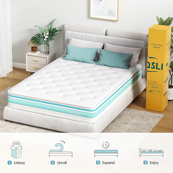 TeQsli Twin Size Mattress, 10 Inch Hybrid Mattress in a Box, Individual Pocket Spring Hybrid Mattresses for Cool Night & Pressure Relief, Medium Firm with Motion Isolating, 100 Nights Trial