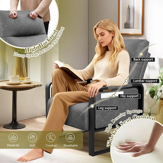 Modern Accent Chair with Side Table PU Leather Upholstered Armchair for Bedroom Leisure Living Room Chairs Office Chair Grey