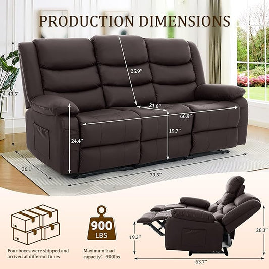 Korser Recliner Sofa, Reclining Loveseat with Console, Oversized Reclining Couch with Drop Down Table, 3-Seater Sofa with Cup Holder and Recessed Power Strip, Brown