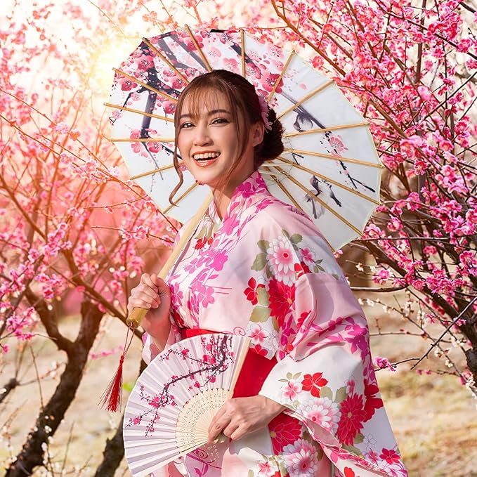 Dunzy 4 Pcs Chinese Handmade Umbrellas 22 x 15 Inch Oiled Paper Classical Plum Blossom Paper Umbrella Parasol Art Dance Japanese Decorations for Wedding Photography Costumes Decoration (Classic)