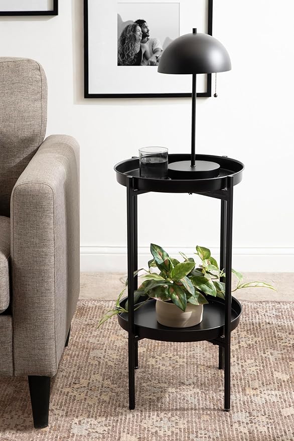 Kate and Laurel Celia Round Metal Foldable Tiered Side Table; 16 x 26; Black; Modern Accent Table with Removable Magnetic Tray Tabletops and Space-Saving Folding Base