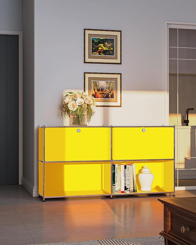 Metal Sideboard with 2 Flap Doors, DIY Modern Home Furnishing,Perfect for Home, Office, Kitchen, Hallway,Foyer Organization(Matt Yellow)