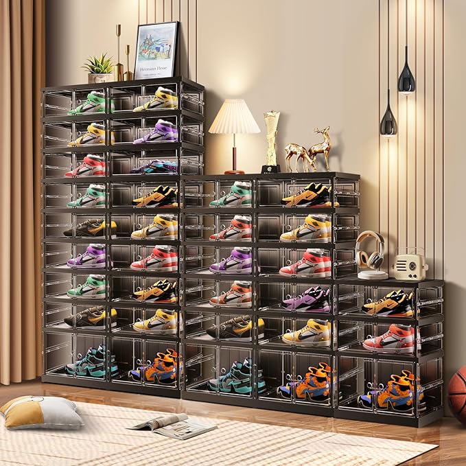 3 Tier Foldable Shoe Rack for Closet Entryway 6-12 Pairs Stackable Clear Shoe Storage Boxes with Lids Shoes Shelf with Door Plastic Organizer Cabinet Easy Assembly Black