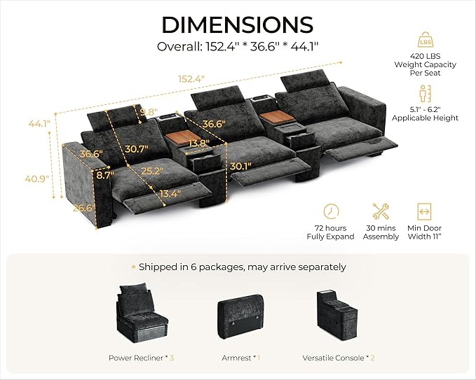 152.4" Power Recliner Sofa Wall Hugger, Modular Cloud Sectional Reclining Couch with Headrest, Storage Drawer Cup Holder, 3-Seater with 2 Consoles for Home Theater Living Room, Chenille, Black