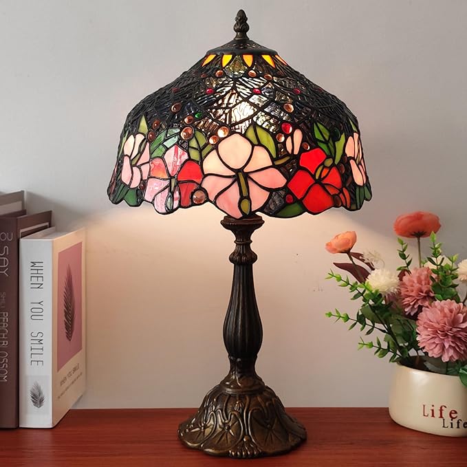 Tiffany Lamp Stained Glass Table Lamp Tiffany Style 3-Way Vintage Beside Reading Light 12 inch Flowers Style Antique Nightstand Light (Red Pink Flowers)