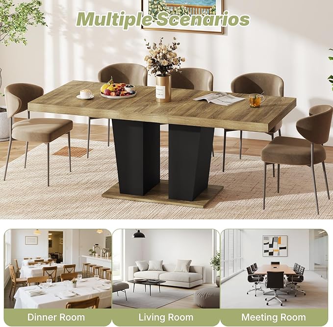 63"-78.7" Expandable Dining Table, 6-10 Rectangle Table, Extendable Console Table, Wooden Farmhouse Kitchen Table with Metal Track & Dual Column Base for Living, Office-Brown