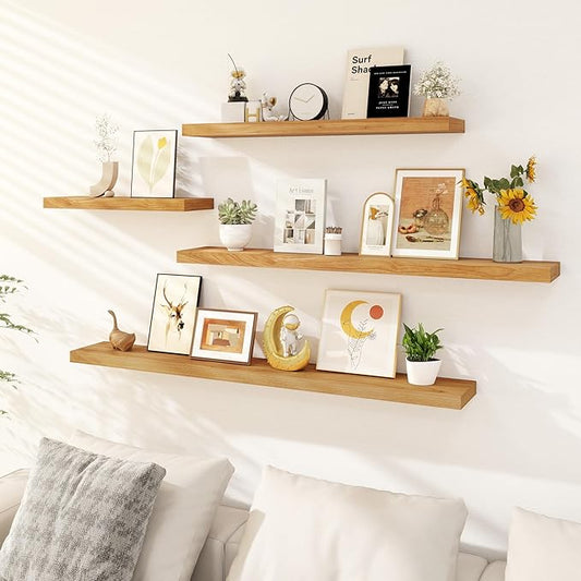 8 Inch Deep Floating Shelves, USA-Sourced Rustic Elm Wood Wall Shelves for Storage, Wall Mounted Display Shelving with Invisible Heavy-Duty Metal Bracket (Natural, 24" W x 8" D, Set of 2)