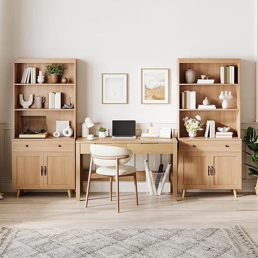 GarveeHome Tall Bookshelf with Storage Cabinet, 72.4" Wood Bookcase with 4 Doors and 2 Drawer & Open Shelves, Freestanding Display Bookshelves for Home Office, Living Room, Bedroom, Kitchen (2 Pcs)