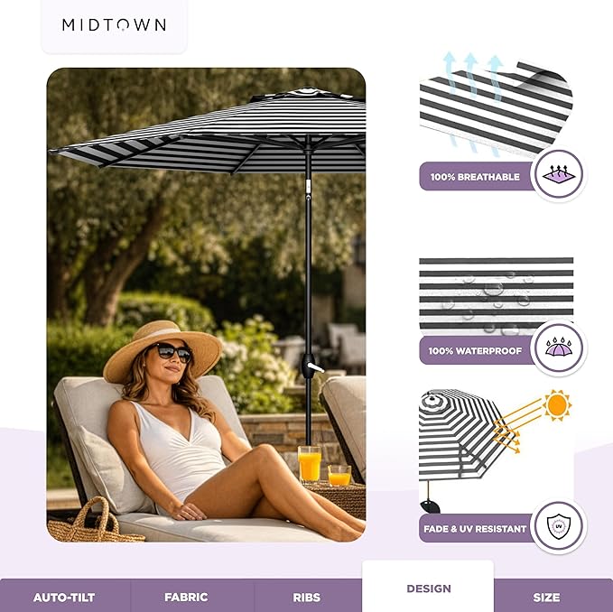 Midtown Umbrellas - The Lean 8 Ft Patio Umbrella with Fade-Resistant Sunbrella Fabric, Auto-Tilt Aluminum Frame and 8 Reinforced Ribs for Deck, Pool & Garden - Black & White Canopy, Black Pole