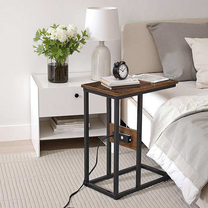 VECELO C-Shaped End Side Table Set of 2 with Charging Station & Two USB Ports and Outlets for Living Room, Bedroom, with Adjustable Feet for Couch/Sofa, Bedside, Small Spaces， Brown, 2