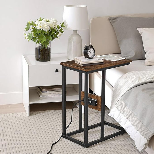 VECELO C-Shaped End Side Table Set of 2 with Charging Station & Two USB Ports and Outlets for Living Room, Bedroom, with Adjustable Feet for Couch/Sofa, Bedside, Small Spaces， Brown, 2