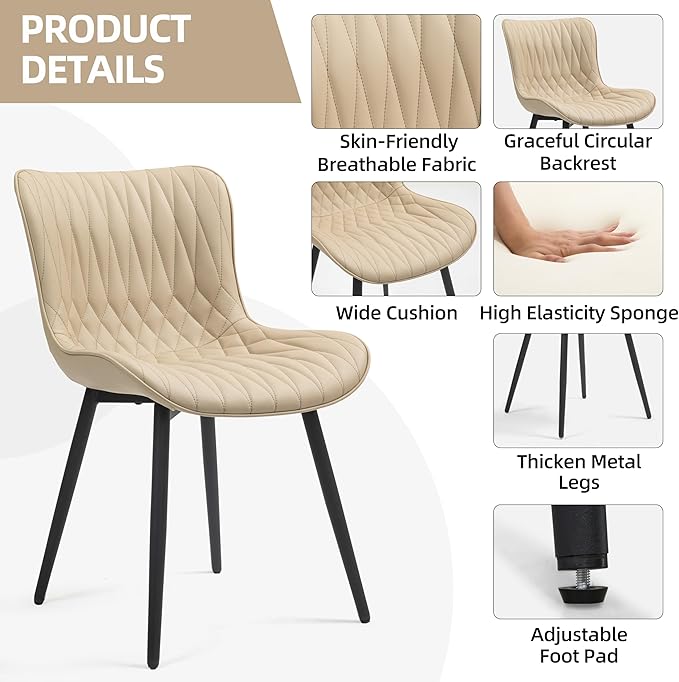 Finnhomy Dining Chairs Set of 2, Mid-Century Modern Upholstered Dining Chairs, Armless Faux Leather Accent Chairs with Backrest, Living Dining Room Chairs with Metal Legs for Dining Room, Khaki