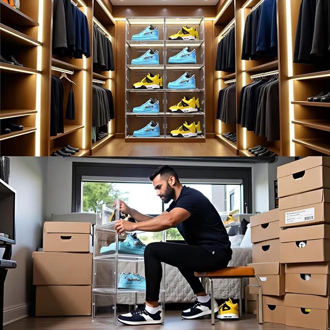 XL Shoe Storage Box,8 Pack Drop Side Shoe Boxes Clear Plastic Stackable,Sneaker Display Case with Magnetic Door Fit up to US 13（13.4”x 10.6”x 8.3”(8 Pack Clear)