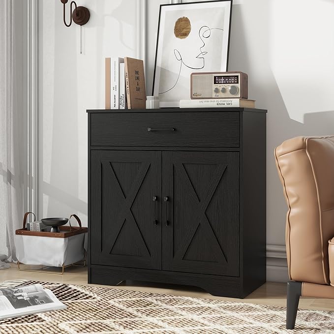 Panana Wooden Cabinet 1 Drawer and 2 Doors Storage Cupboard Coffee Bar Sideboard Farmhouse Entryway Organizer Console (Black)